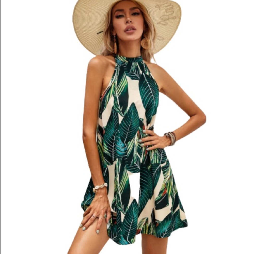 New Ouges Leaf Tropical Print Halter Midi Dress G… - image 1